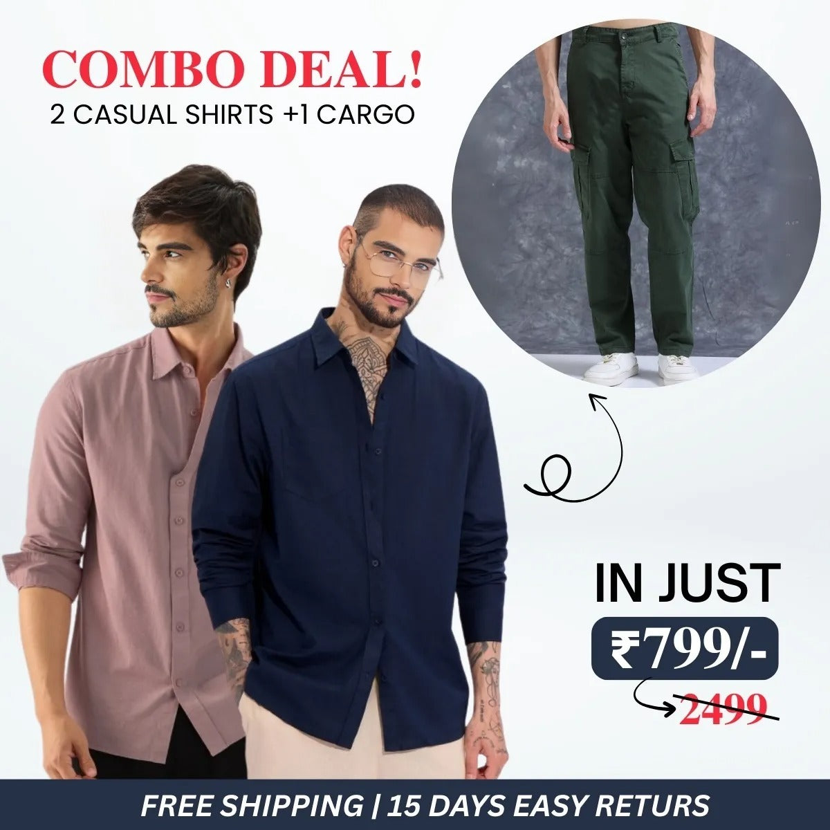 Stylish Men’s 2 Casual Shirt and 1 Cargo Pant Combo Deals | CC-05