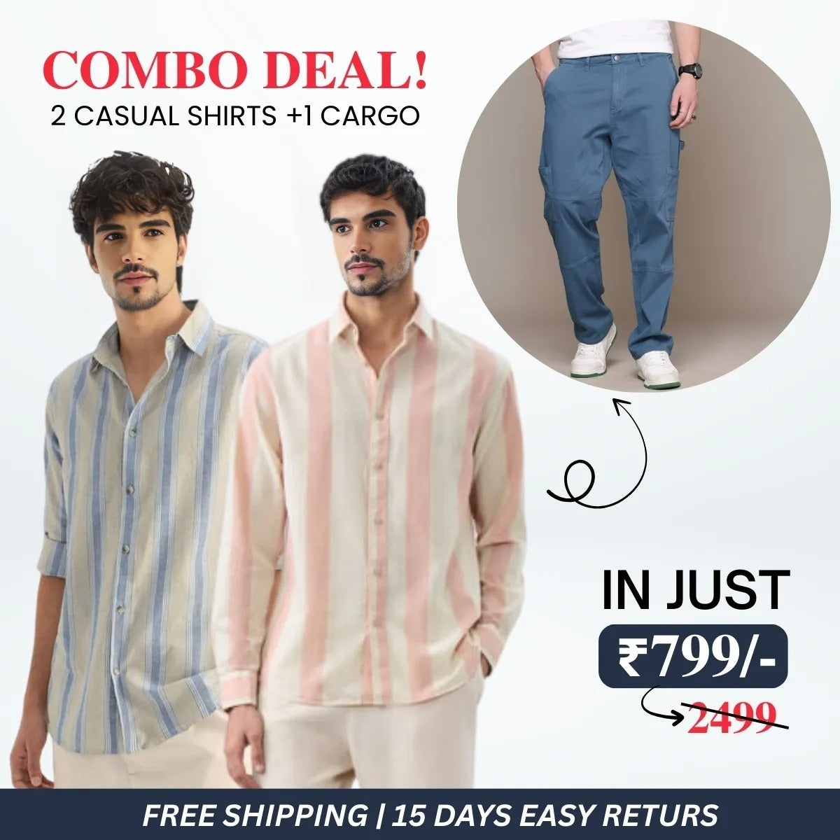 Stylish Men’s 2 Casual Shirt and 1 Cargo Pant Combo Deals | CC-03