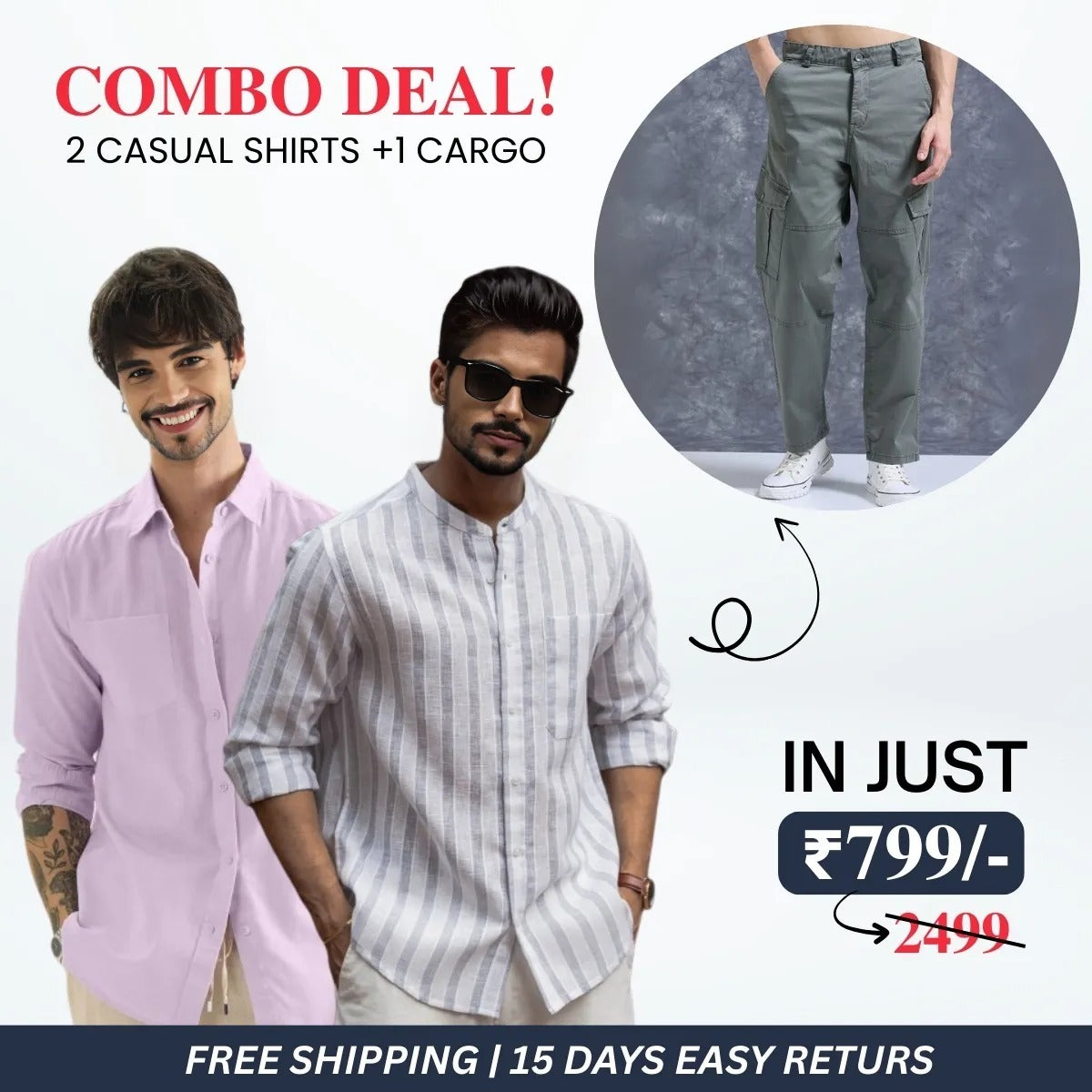 Stylish Men’s 2 Casual Shirt and 1 Cargo Pant Combo Deals | CC-06