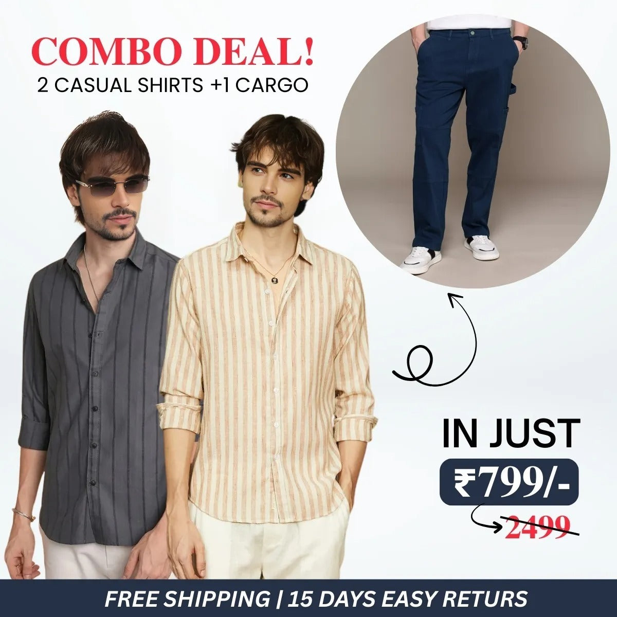 Stylish Men’s 2 Casual Shirt and 1 Cargo Pant Combo Deals | CC-01