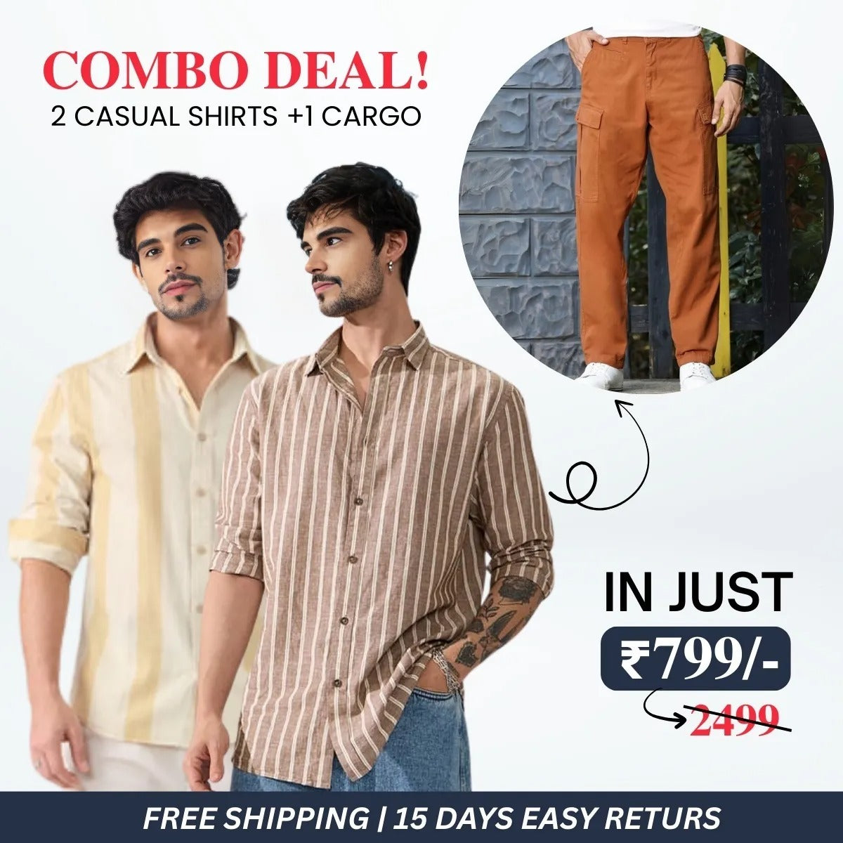 Stylish Men’s 2 Casual Shirt and 1 Cargo Pant Combo Deals | CC-04