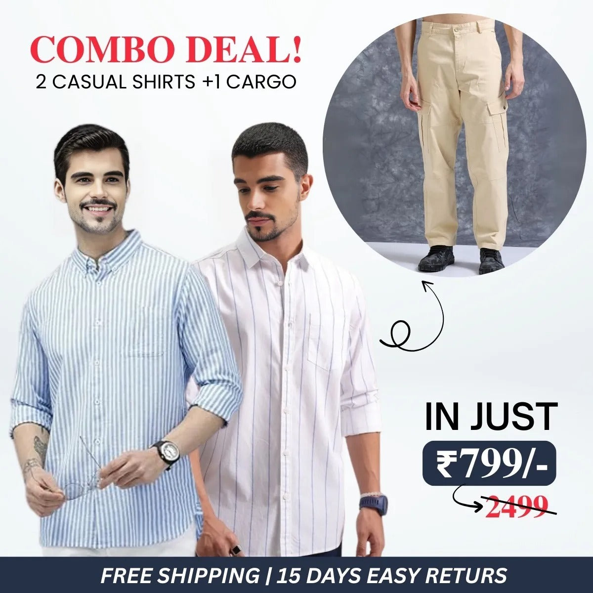 Stylish Men’s 2 Casual Shirt and 1 Cargo Pant Combo Deals | CC-07