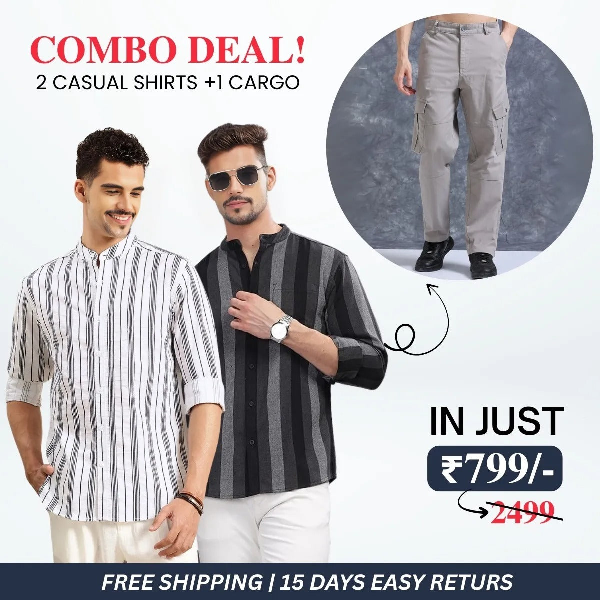 Stylish Men’s 2 Casual Shirt and 1 Cargo Pant Combo Deals | CC-10